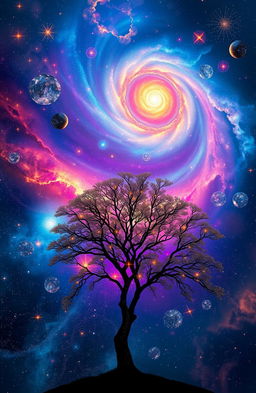 A stunning cosmic scene filled with vibrant colors, showcasing the vast universe bursting with stars, galaxies, and nebulae