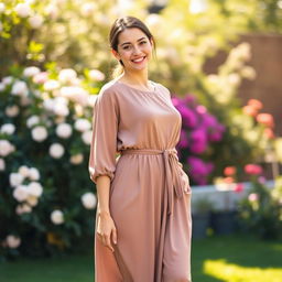 A woman with a pear-shaped body, standing gracefully with a smile
