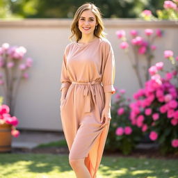 A woman with a pear-shaped body, standing gracefully with a smile