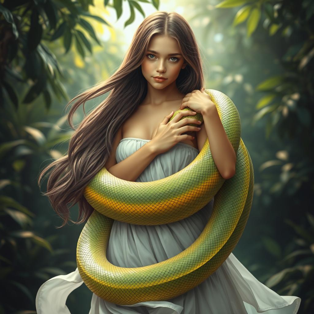 A captivating visual of a girl gently wrapped in the coils of a large, colorful python