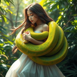 A captivating visual of a girl gently wrapped in the coils of a large, colorful python