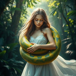 A captivating visual of a girl gently wrapped in the coils of a large, colorful python
