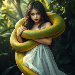 A captivating visual of a girl gently wrapped in the coils of a large, colorful python