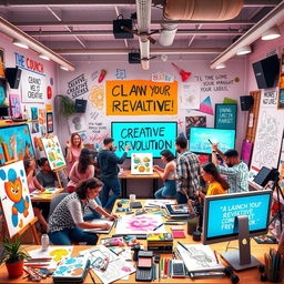 A vibrant and dynamic scene depicting a creative revolution in action