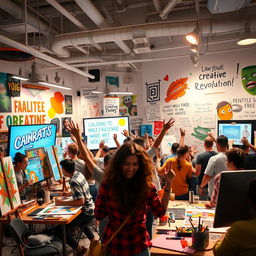 A vibrant and dynamic scene depicting a creative revolution in action