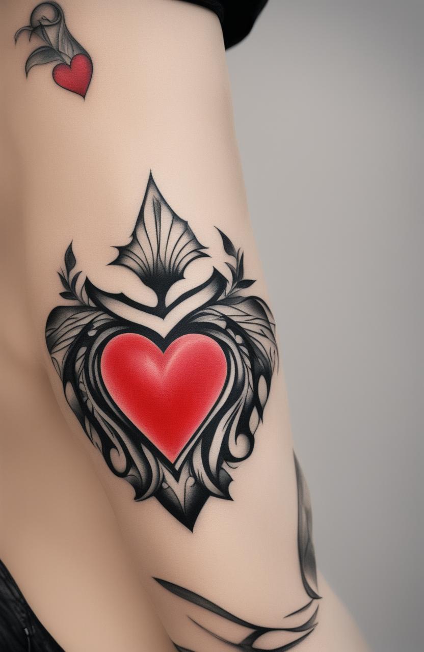 A high-definition image of a traditional heart tattoo, featuring a vibrant red heart, bold black outlines, and a contrasting white banner