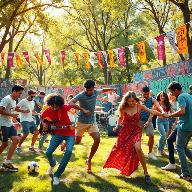 An energetic and vibrant scene depicting a diverse group of people passionately engaging in various sports, music, and dance styles reflective of the 21st century