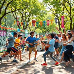 An energetic and vibrant scene depicting a diverse group of people passionately engaging in various sports, music, and dance styles reflective of the 21st century
