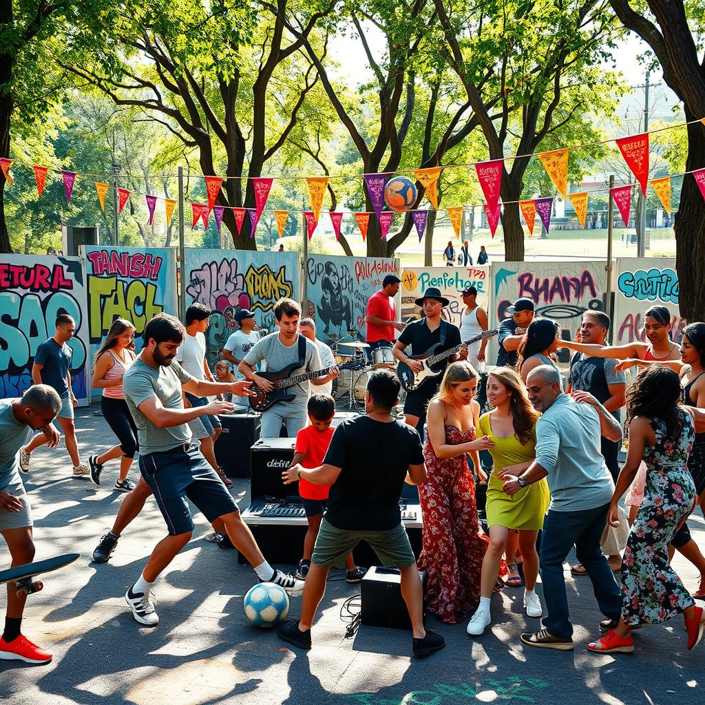 An energetic and vibrant scene depicting a diverse group of people passionately engaging in various sports, music, and dance styles reflective of the 21st century