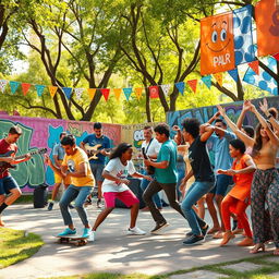 An energetic and vibrant scene depicting a diverse group of people passionately engaging in various sports, music, and dance styles reflective of the 21st century