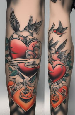 A high-definition image of a traditional heart tattoo, featuring a vibrant red heart, bold black outlines, and a contrasting white banner