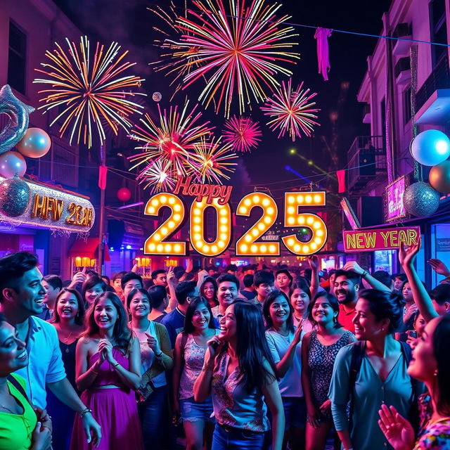 A vibrant New Year 2025 celebration scene, showcasing a lively street party with people of diverse backgrounds joyfully celebrating