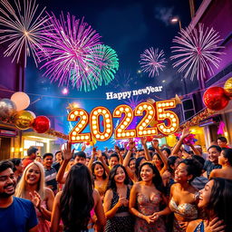 A vibrant New Year 2025 celebration scene, showcasing a lively street party with people of diverse backgrounds joyfully celebrating