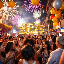 A vibrant New Year 2025 celebration scene, showcasing a lively street party with people of diverse backgrounds joyfully celebrating