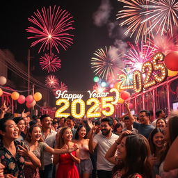 A vibrant New Year 2025 celebration scene, showcasing a lively street party with people of diverse backgrounds joyfully celebrating