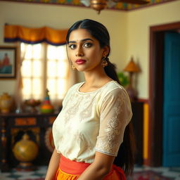 An elegant Indian maid wearing a beautifully designed transparent blouse, showcasing intricate traditional embroidery patterns