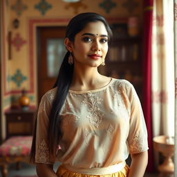 An elegant Indian maid wearing a beautifully designed transparent blouse, showcasing intricate traditional embroidery patterns