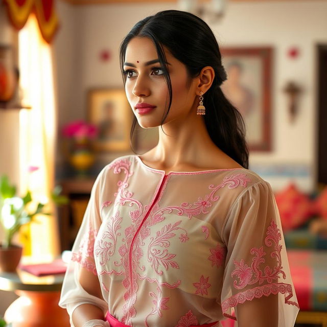 An elegant Indian maid wearing a beautifully designed transparent blouse, showcasing intricate traditional embroidery patterns