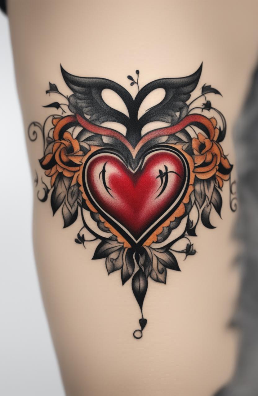 A high-definition image of a traditional heart tattoo, featuring a vibrant red heart, bold black outlines, and a contrasting white banner