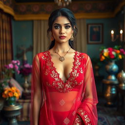An elegant Indian maid wearing a stunning transparent red blouse with deep cleavage, adorned with beautiful gold embroidery