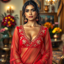 An elegant Indian maid wearing a stunning transparent red blouse with deep cleavage, adorned with beautiful gold embroidery