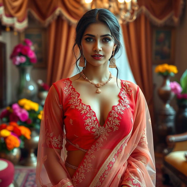 An elegant Indian maid wearing a stunning transparent red blouse with deep cleavage, adorned with beautiful gold embroidery