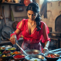 An Indian maid in a stunning transparent red blouse with deep cleavage, skillfully cooking in a traditional kitchen