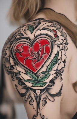 A high-definition image of a traditional heart tattoo, featuring a vibrant red heart, bold black outlines, and a contrasting white banner