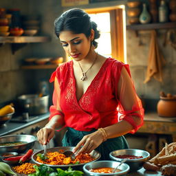 An Indian maid in a stunning transparent red blouse with deep cleavage, skillfully cooking in a traditional kitchen