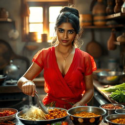 An Indian maid in a stunning transparent red blouse with deep cleavage, skillfully cooking in a traditional kitchen