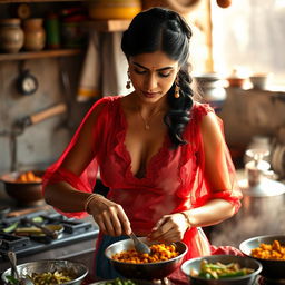 An Indian maid in a stunning transparent red blouse with deep cleavage, skillfully cooking in a traditional kitchen