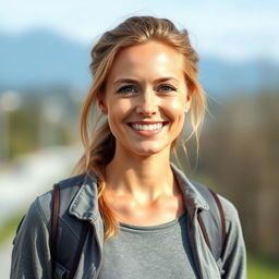 A full-length photo of a healthy, active, and friendly woman aged 30-35, showcasing a natural appearance with minimal makeup and well-groomed hair