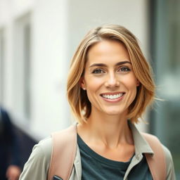 A full-length photo of a healthy, active, and friendly woman aged 30-35, showcasing a natural appearance with minimal makeup and well-groomed hair