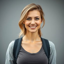 A full-length photo of a healthy, active, and friendly woman aged 30-35, showcasing a natural appearance with minimal makeup and well-groomed hair