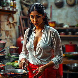 An Indian maid wearing a transparent wet white blouse that clings delicately to her figure, paired with a vibrant red saree that beautifully contrasts with her attire