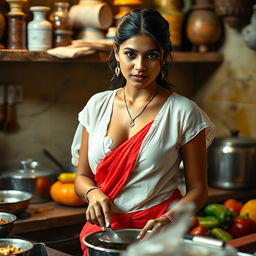 An Indian maid wearing a transparent wet white blouse that clings delicately to her figure, paired with a vibrant red saree that beautifully contrasts with her attire