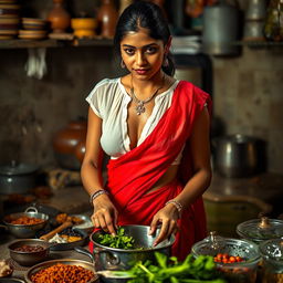 An Indian maid wearing a transparent wet white blouse that clings delicately to her figure, paired with a vibrant red saree that beautifully contrasts with her attire