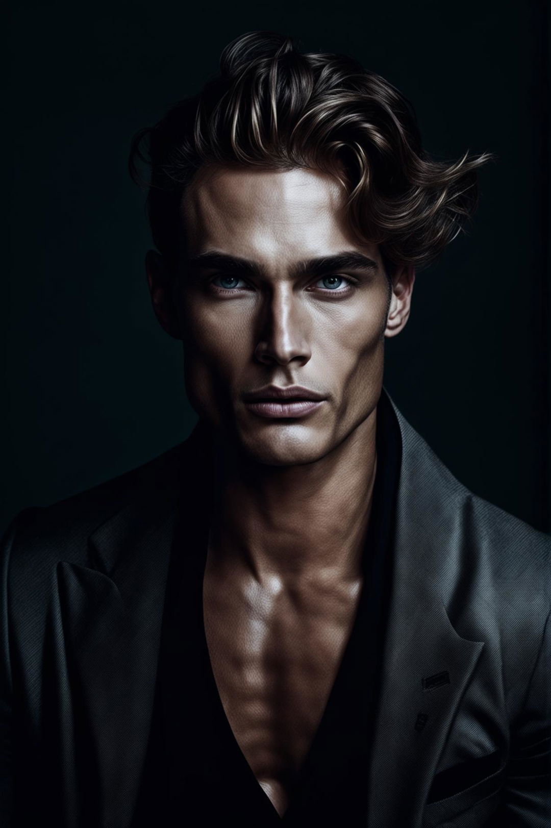 A high-resolution fashion photograph featuring a strikingly handsome male supermodel with a unique hairstyle