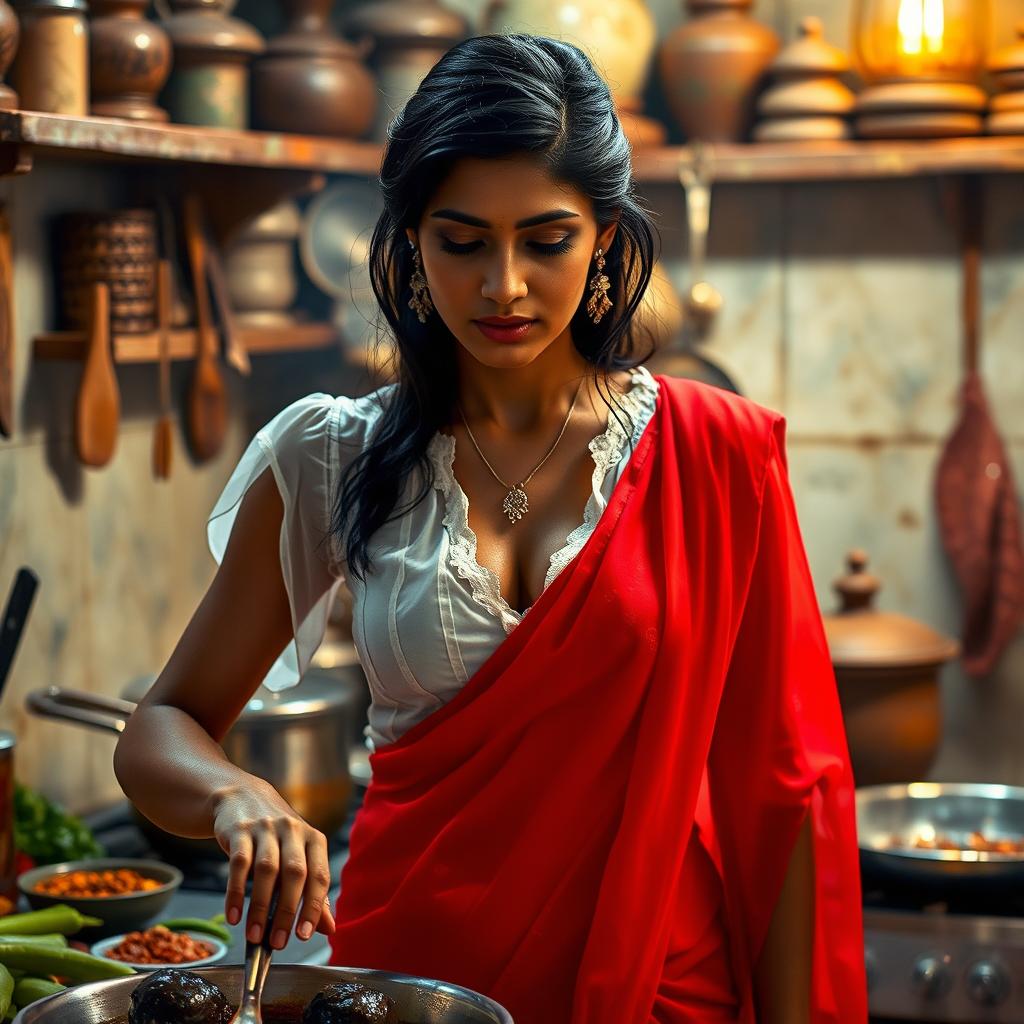 An Indian maid wearing a transparent wet white blouse that clings delicately to her figure, paired with a vibrant red saree that beautifully contrasts with her attire