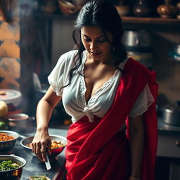 An Indian maid wearing a wet, transparent white blouse that clings gracefully, revealing deep cleavage, paired with a striking red saree that drapes elegantly around her figure