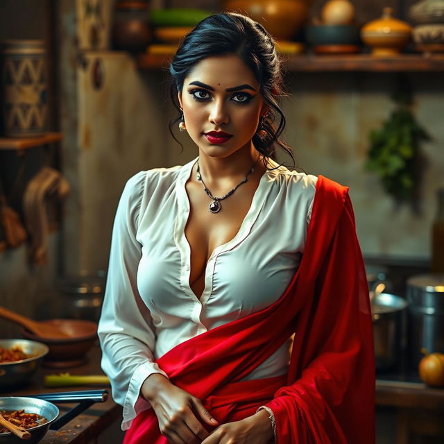 An Indian maid wearing a wet, transparent white blouse that clings gracefully, revealing deep cleavage, paired with a striking red saree that drapes elegantly around her figure