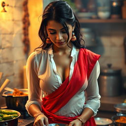 An Indian maid wearing a wet, transparent white blouse that clings gracefully, revealing deep cleavage, paired with a striking red saree that drapes elegantly around her figure