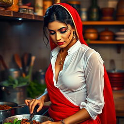 An Indian maid wearing a wet, transparent white blouse that clings gracefully, revealing deep cleavage, paired with a striking red saree that drapes elegantly around her figure