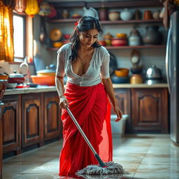 An Indian maid wearing a wet, transparent white blouse that clings to her form, revealing deep cleavage, paired with a vibrant red saree