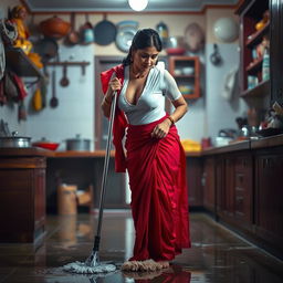 An Indian maid wearing a wet, transparent white blouse that clings to her form, revealing deep cleavage, paired with a vibrant red saree