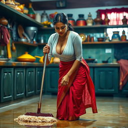 An Indian maid wearing a wet, transparent white blouse that clings to her form, revealing deep cleavage, paired with a vibrant red saree