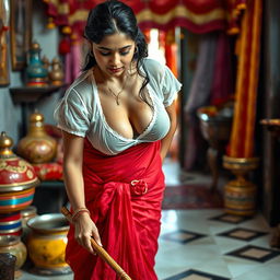 An Indian maid wearing a wet, transparent white blouse that clings to her figure, revealing deep cleavage, accompanied by a vibrant red saree