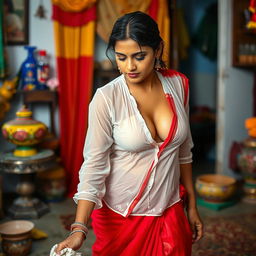 An Indian maid wearing a wet, transparent white blouse that clings to her figure, revealing deep cleavage, accompanied by a vibrant red saree
