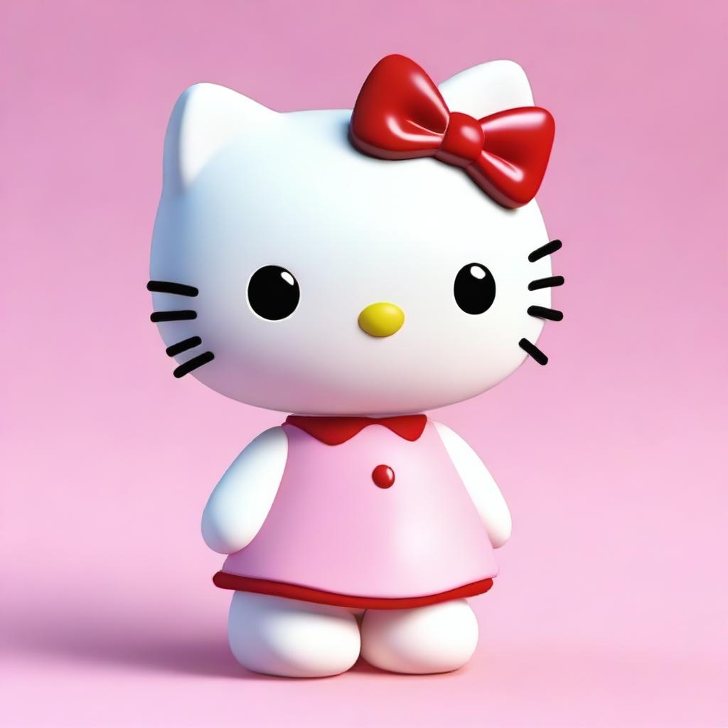 A high-quality, three-dimensional digital rendering of Hello Kitty, standing in a soft pastel pink background