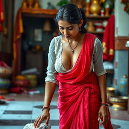 An Indian maid wearing a wet, transparent white blouse that clings to her figure, revealing deep cleavage, accompanied by a vibrant red saree